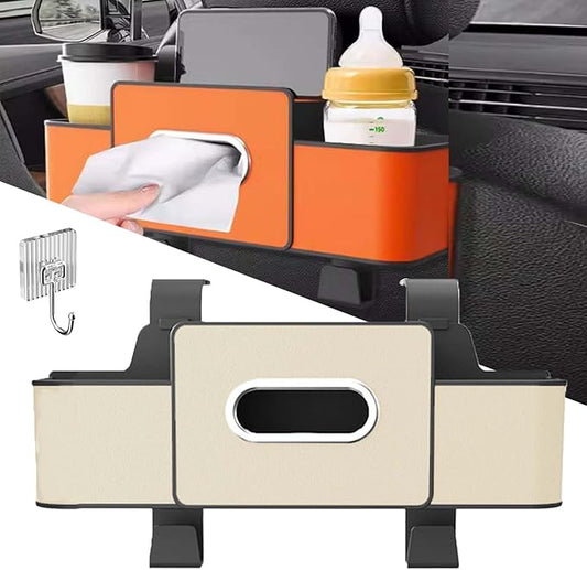 OJEYDFU 3-in-1 Car Backseat Organizer, 2026 Upgraded Multifunctional Car Seat Back Storage Box, Backseat Car Organizer with 2 Cup Holders, Tissue Box & Hooks, Universal Car Essentials (Beige)