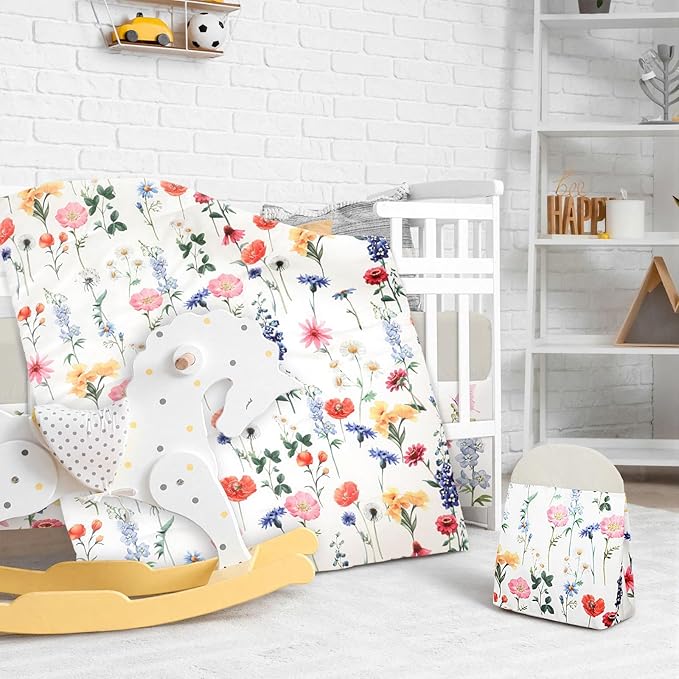 Oudain 4 Piece Spring Wild Flower Crib Bedding Set Including Spring Wild Flower Crib Skirt, Blanket, Sheet and Diaper Stacker, Soft Neutral Nursery Standard Size Baby Bedding for Baby Girls and Boys