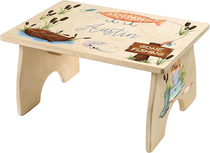 Fishing Step Stool for Toddlers- Personalized Wood Kids Step Stool with Name for Kitchen Sink, Bathroom, Potty Training, Toilet, Kitchen Sink- Sturdy and Safe- Made in USA by BloomOwl (Gone Fishing)