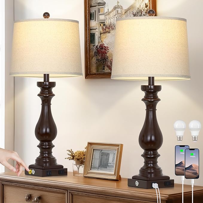 Cinkeda 29" Tall Farmhouse Table Lamp for Living Room Set of 2,Vintage Retro Nightstand Lamps with USB C+A Ports & AC Outlet,3-Way Dimmable Touch Bedside Lamp for Bedroom Side Table,Dark Brown