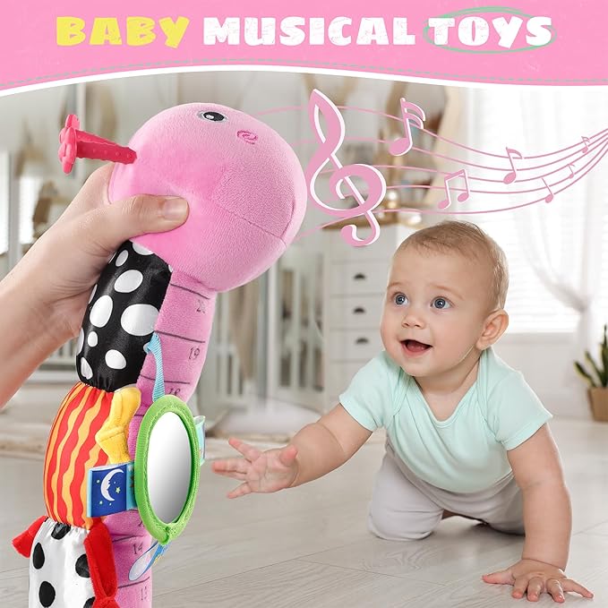 Baby Toys 6-12 Months Music Caterpillar,Stuffed Animals Infant Toys 0-3-6 Months,Teething Sensory Toys Tummy Time with Mirror Crinkle Rattle&Pull String for Boys Girls Gifts Birthday|Pink