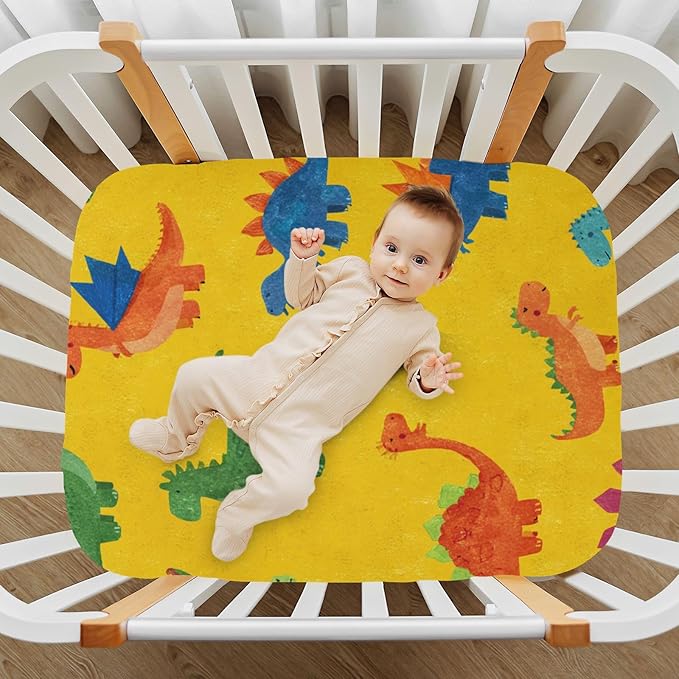 Dinosaur Cape Bright Yellow Crib Sheets Standard Crib Toddler Mattresses Cover Fitted Baby Bed Sheet Breathable Crib Mattress Sheet for Girls Boys 39''x27''x9''