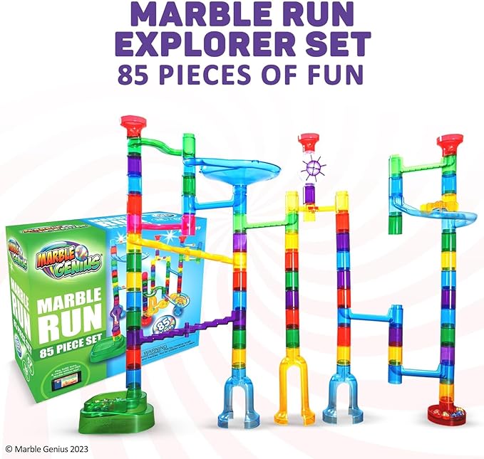 Marble Genius Marble Run Explorer Set, STEM Toys & Maze Construction Building - 85 Translucent Track Pieces & Glass Marbles for Family, Kids Toddlers Ages 4-8 - Fun Holiday Creative Gifts