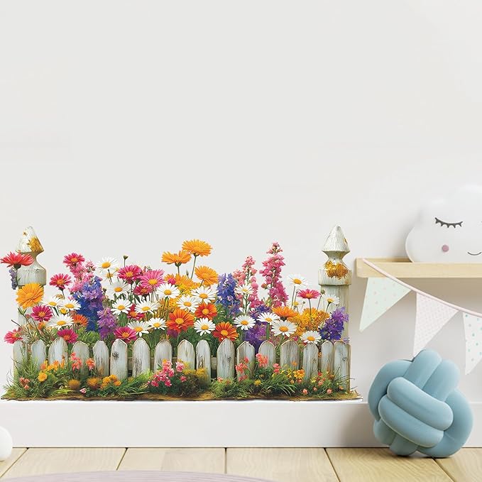 Daisy Flowers Wall Decals Spring Flowers Fence Wall Stickers Removable Art Sticker for Living Room Bedroom Classroom Nursery Decor