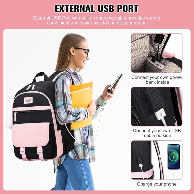 Bevalsa Backpack for Girls, School Backpacks for Girls, Kids Backpack with Lunch Box & Pencil Pouch for Teens Girl Kids Elementary Middle High School College Student Bookbag Daypack (Pink Black)