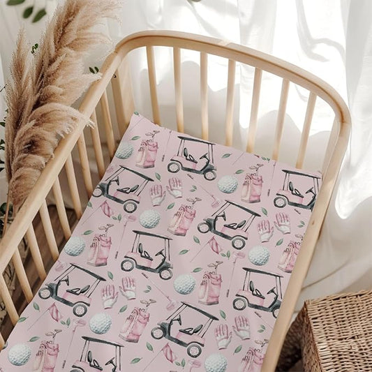 Golf Cart Bag Flag Gloves Pink Fitted Crib Sheet for Baby Girls Boys 52x28Inch Golfing Gear Sports Fitted Crib Sheet Fits Standard Cribs and Toddler Mattresses Golfs Lovers Gift Baby Sheets
