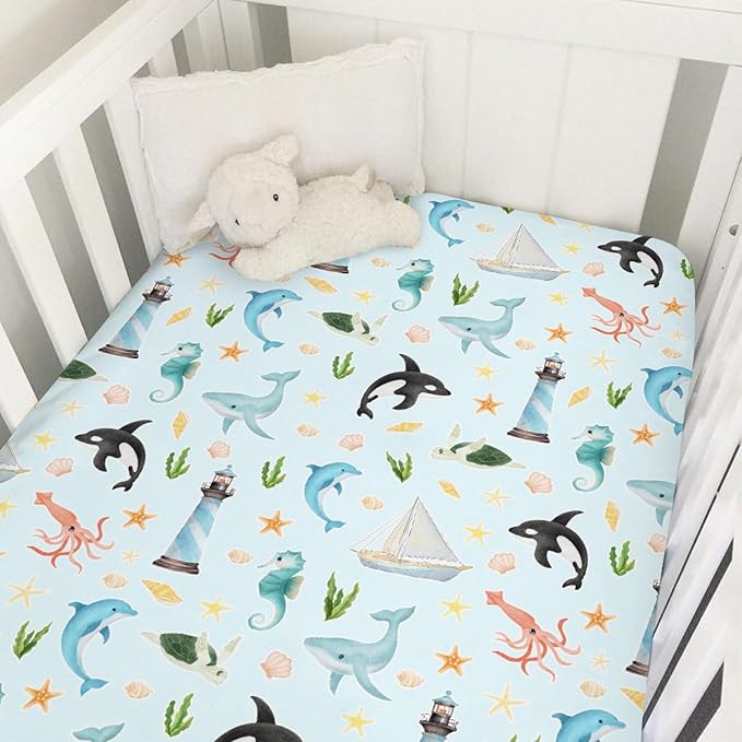 Colorful Sea Animals Baby Crib Sheet 52''x28'' Ocean Whale Dolphin Turtle Shells Coral Lighthouse Ship Stretchy Fitted Crib Mattress Cover for Boy Girl Baby Sheets for Standard Crib Toddler Mattress