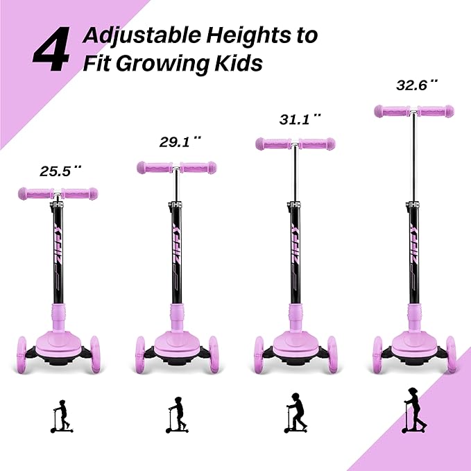 ZIFFY 3-Wheel Light-Up Toddler Scooter for Kids 3-8, Kids Scooter for Boys Girls with 20 Dynamic LED Lights, 4 Adjustable Height Balance Kick Scooter 110LBS, Lean-to-Steer Anti-Slip Wide Deck by JOVA