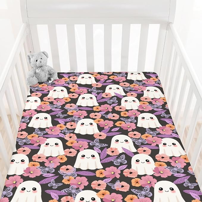 Halloween Spooky Boho Floral Baby Crib Sheets Cute Spooky Retro Flowers Autumn Soft Baby Sheets Fall Holiday Fitted Crib Mattress Cover for Standard Crib Mattress 52"x28"