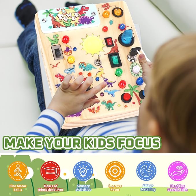Busy Board for Toddlers - Montessori Educational Toy for 1-3 Year Old Boys & Girls | Travel-Friendly Sensory Learning Activity | Ideal for Kids with Autism(Dinosaur Busy Board)