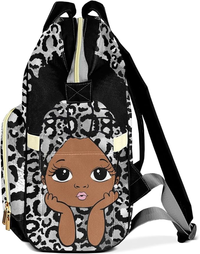 Personalized Black Silver Leopard Girl Custom with Name Diaper Bag Backpack For Baby Boy Girl Dad Mom Unisex for Adult Daypack Holiday Gift