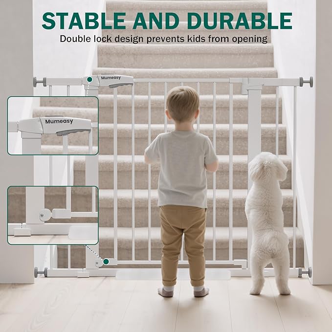 Baby Gate for Stairs, 26-40" Auto Close Dog Gate for Doorways, Pressure Mounted Child Gate with Walk Thru Door, Easy Install Safety Gate for Children and Pets, White