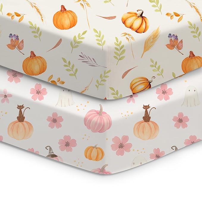 Halloween Baby Crib Sheets, Fitted Crib Sheet for Standard Crib and Toddler Mattress, Pink, Pumpkin, Black Cat