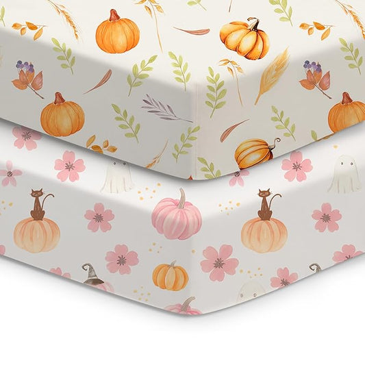 Halloween Baby Crib Sheets, Fitted Crib Sheet for Standard Crib and Toddler Mattress, Pink, Pumpkin, Black Cat