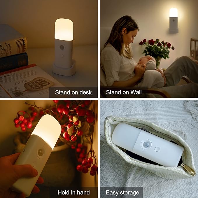 CREWEEL Motion Sensor Night Lights Indoor, Rechargeable Night Light Battery Powered, Portable Nightlight with Adjustable Brightness Activated Table Lamp for Kids, Adults(Warm Light, 4 Pack)