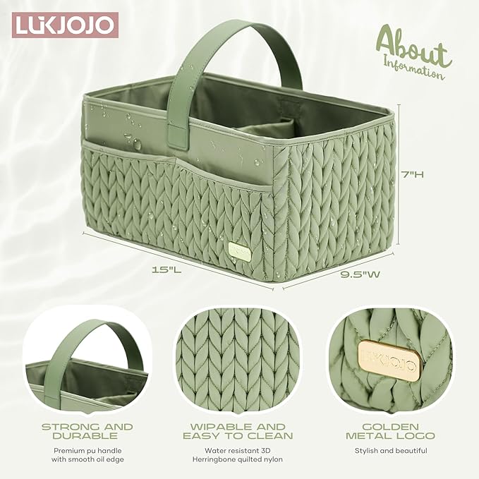 LUKJOJO Luxurious Baby Diaper Caddy, Nursery Storage Basket for Newborn Essentials, Travel Baby Basket for Diapers Baby Wipes, Organizer Tote Bag Storage Bin, Baby Shower Gifts(Sage Green)
