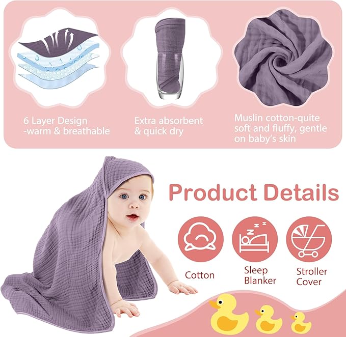 Peryiter 6 Pcs Muslin Hooded Baby Towels, 32x 32'' Cotton Newborn Bath Towel Muslin Infant Baby Blankets Absorbent Unisex Christmas Registry Gift Essentials for Girls Boys (Brown Series)
