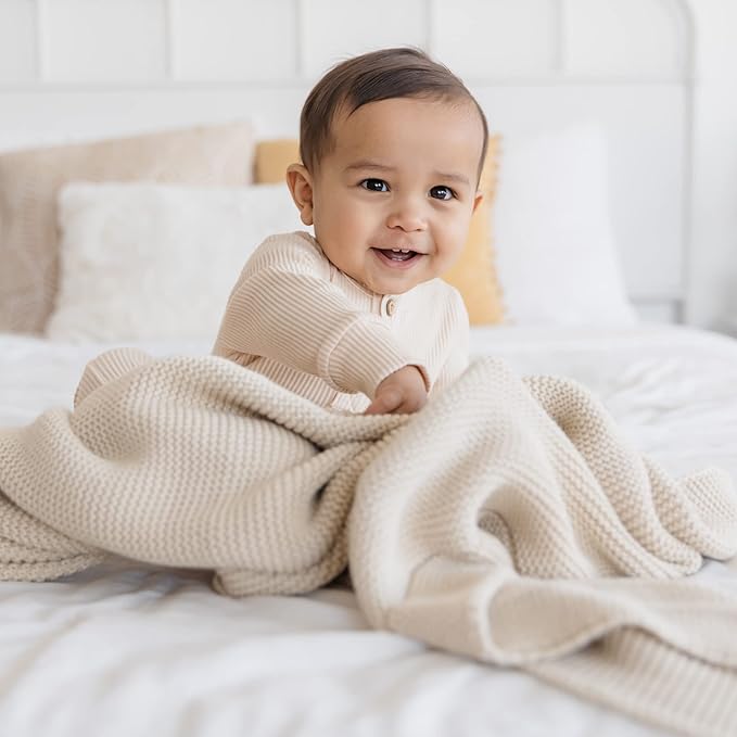 Natemia 100% Organic Cotton Knitted Baby Receiving Blanket for Newborn, Infant & Toddler – Ultra Soft 30" x 40" Crib, Stroller & Nap Time Cover for Boys and Girls – Baby Cotton Blanket