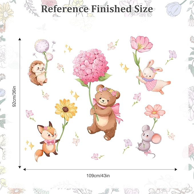 Pink Cartoon Animal Wall Decals, Bear Squirrel Rabbit Holding Flowers Flying Wall Stickers Peel and Stick Wall Decal Self Adhesive Wall Art Sticker for Girls Baby Nursery Kids Room Home Decor