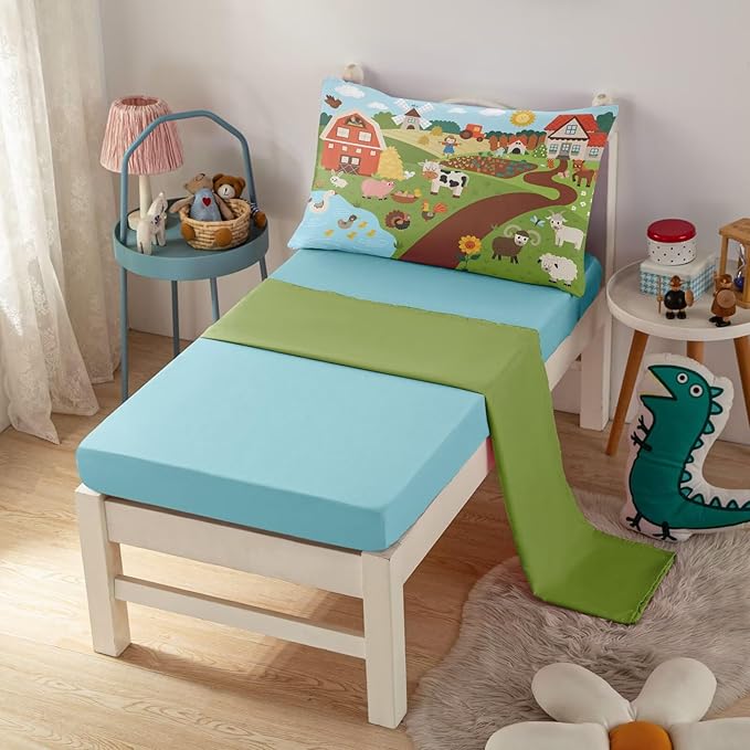 4 Pieces Toddler Bedding Set for Boys Girls,Farmhouse Farm Animal Toddler Comforter Set Bed in a Bag Includes Comforter, Flat Sheet, Fitted Sheet and Pillowcase