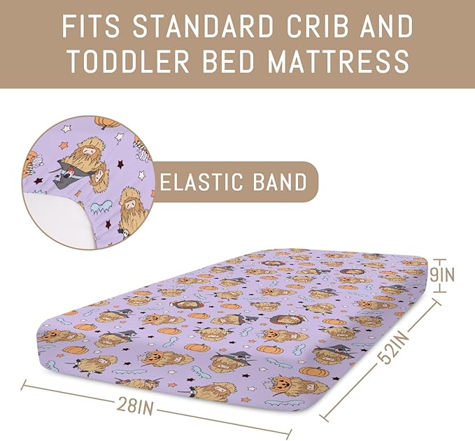 Highland Cow Halloween Baby Crib Sheets for Boy Girl Western Cowboy Fall Pumpkin Bats Soft Snug Fitted Crib Mattress Covers for 52''x28'' Standard Crib & Toddler Mattress Spooky Farm Animal Bed Sheet