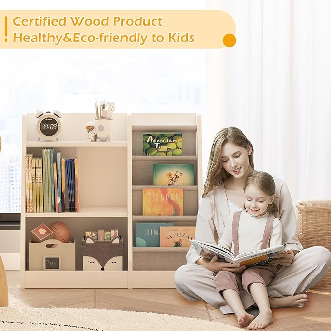 HedoAjim White Kids Bookshelf Wood Toy Storage Organizer Cabinet Children Bookcase Toddler Baby Sling Book Rack Adjustable Shelf for Playroom Bedroom Nursery Hallway School Kindergarten
