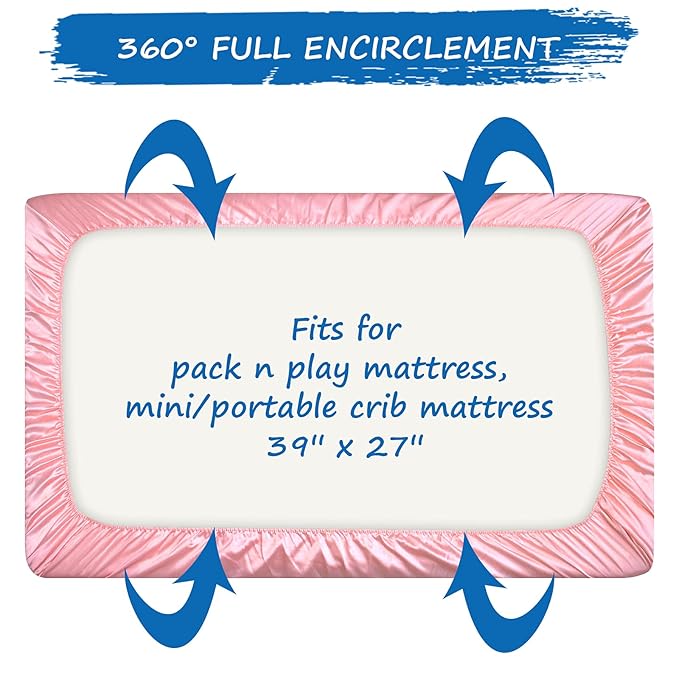 Satin Mini Crib Mattress Sheet, Soft & Silky Pack and Play Sheets Fitted (39"x27"x5") for Girls, Great for Baby Hair and Skin, Pink Playard Sheets