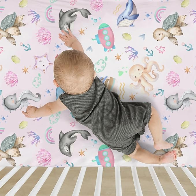 Colorful Ocean Animals Baby Crib Sheets for Boy Girl 52x28Inch Sea Horse Turtle Whale Rainbow Corals Soft Snug Fitted Crib Mattress Cover Marine Life Baby Sheet for Standard Crib & Toddler Mattress