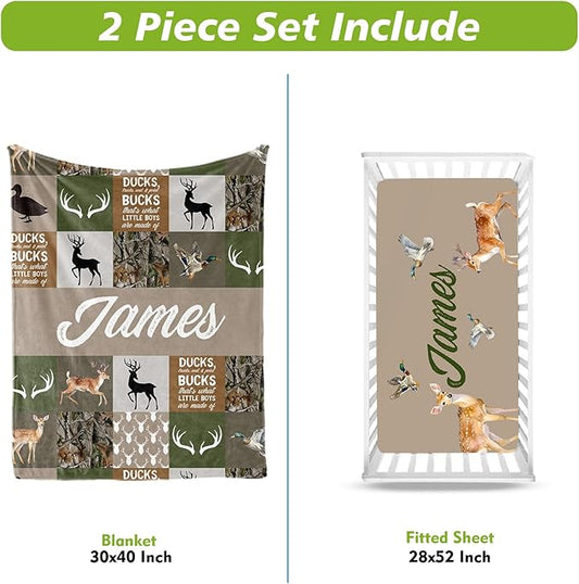Personalized Crib Bedding Set for Boys Girls, Custom Baby Crib Sets with Name, Multi-grid Deer Design Nursery Bedding 2 Piece - Soft Blanket with Double Layer Dotted Backing, Crib Fitted Sheet