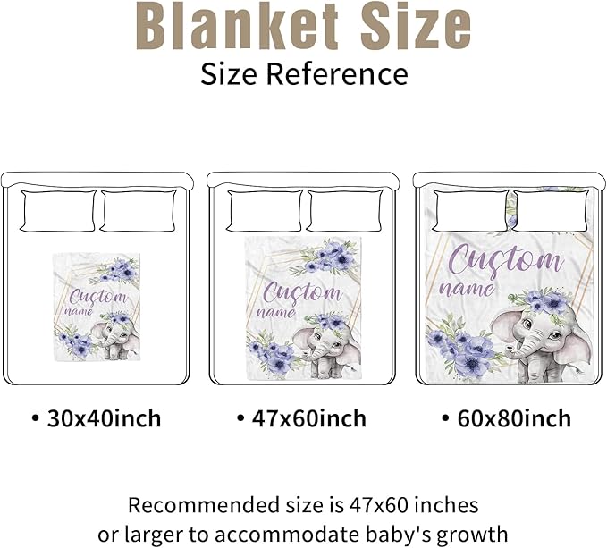 Personalized Crib Bedding Set for Boys Girls, Custom Baby Crib Sets with Name, Purple Flower Elephant Design Nursery Bedding 2 Piece - Soft Blanket with Double Layer Dotted Backing, Crib Fitted Sheet