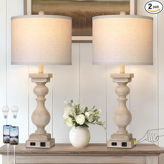 MOUVOVO 28" Tall Farmhouse Table Lamps Set of 2 with USB C+A Ports and AC Outlet, 3 Way Touch Tall Rustic Bedside Lamps for Living Room, Beige Vintage Lamps for Bedroom