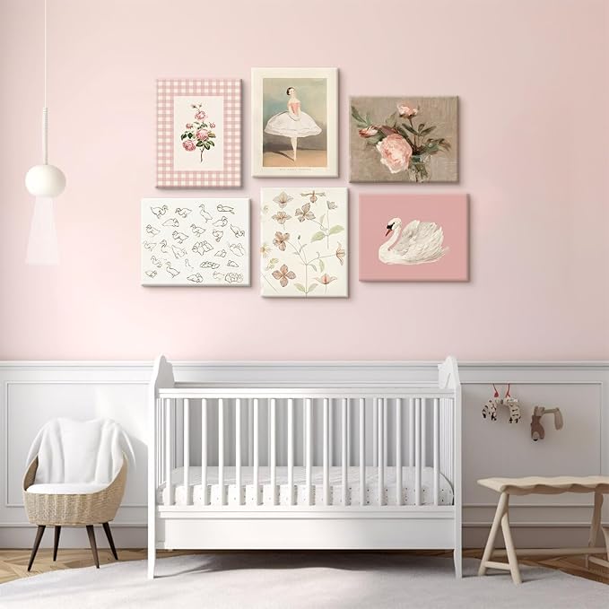 Nursery Pink Wall Art Decor Baby Girl Room Prints Vintage Nursery Floral Canvas Wall Decor Preppy Room Pictures Pink Swan Flower Paintings Artwork for Girls Bedroom 8x10 Inch Wrapped Canvas Set of 6