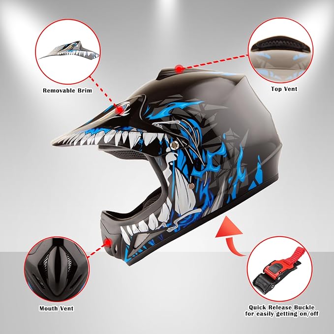 WOW Youth Kids Motocross BMX MX ATV Dirt Bike Dianosour Helmet Dragon + Goggles + Martian Youth Glove Bundle: HJOY MG Bundle