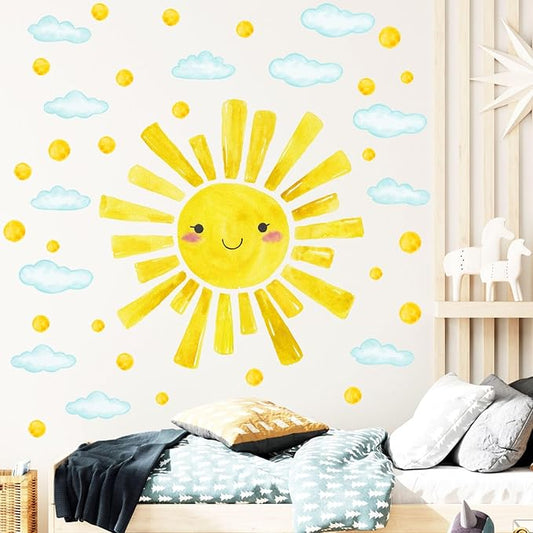 Eutecado Watercolor Large Sun Wall Decals Cloud Polka Dots Wall Stickers for Kids Room, 12 Sheets Lovely Smile Sun Wall Decor Stickers Peel and Stick Wall Decorations Stickers for Bedroom Nursery