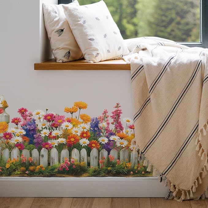 Daisy Flowers Wall Decals Spring Flowers Fence Wall Stickers Removable Art Sticker for Living Room Bedroom Classroom Nursery Decor