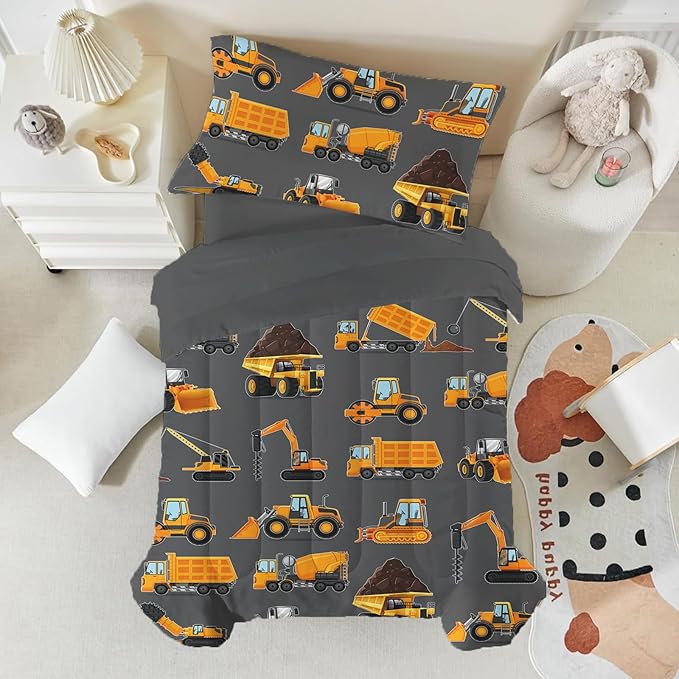 Toddler Bedding Set for Boys - 4-Piece Truck Bedding Comforter Set for Kids, Soft Comfort Construction Vehicle Bedding Includes Flat Sheet, Fitted Sheet, Comforter, Pillowcase