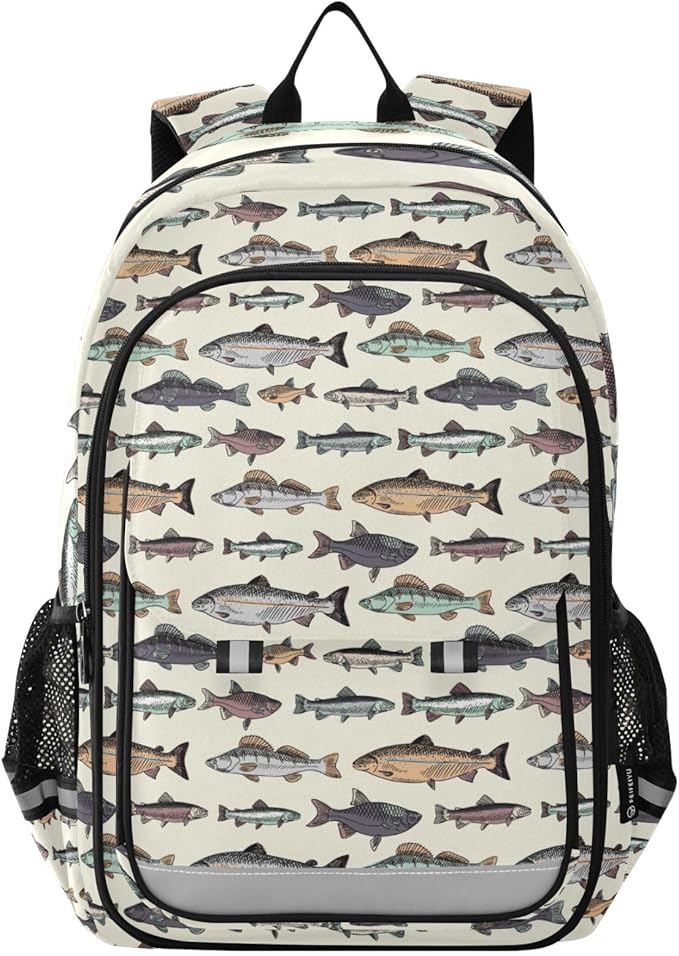 Jucciaco Vintage Fishes School Backpack Laptop Travel Daypack for Kids Girls Boys, Personalized Computer Notebooks Bookbag with Adjustable Padded Straps