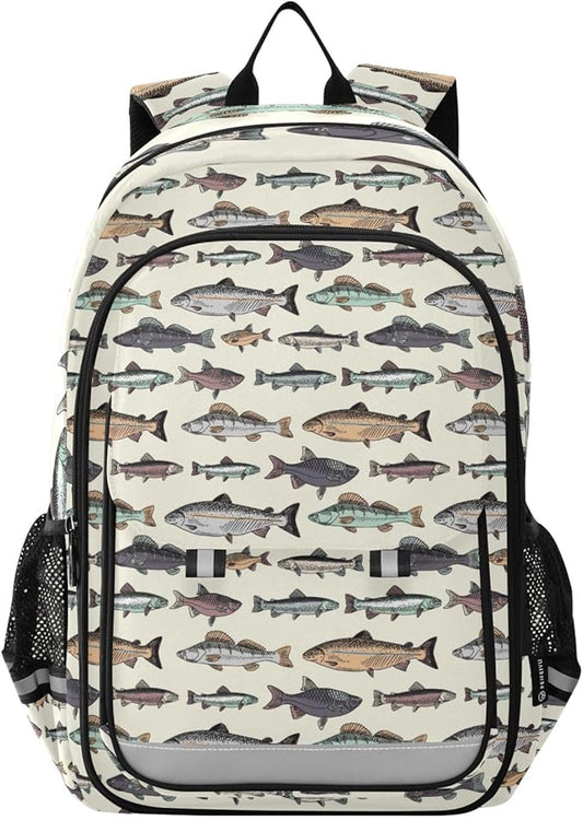 Jucciaco Vintage Fishes School Backpack Laptop Travel Daypack for Kids Girls Boys, Personalized Computer Notebooks Bookbag with Adjustable Padded Straps
