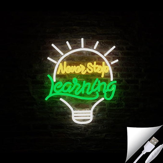 LYUODRE Never Stop Learning Neon Sign Letter neon signs for Wall Decor 5V USB Powered & Dimmable Student LED Neon Lights for Classroom, Study, Office Decoration(15x13in)(Yellow, Green, Cool White)