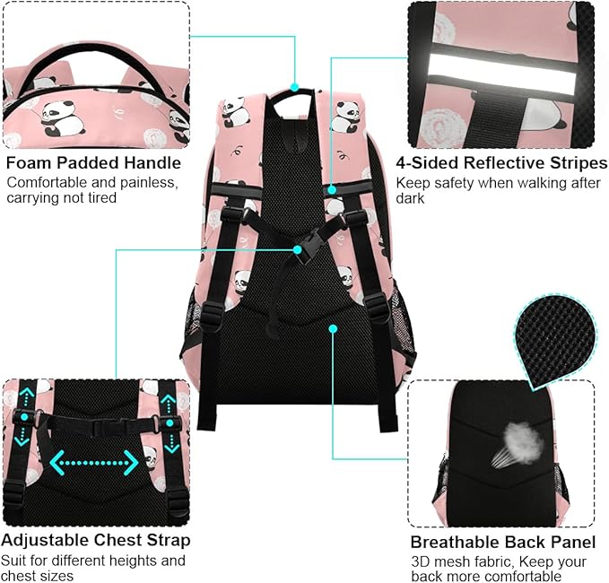 MNSRUU School Backpack with Chest Strap, Cute Panda Bears Balloons Laptop Backpack, Travel Hiking Backpack for Boys Girls, Rucksack, Knapsack One Size
