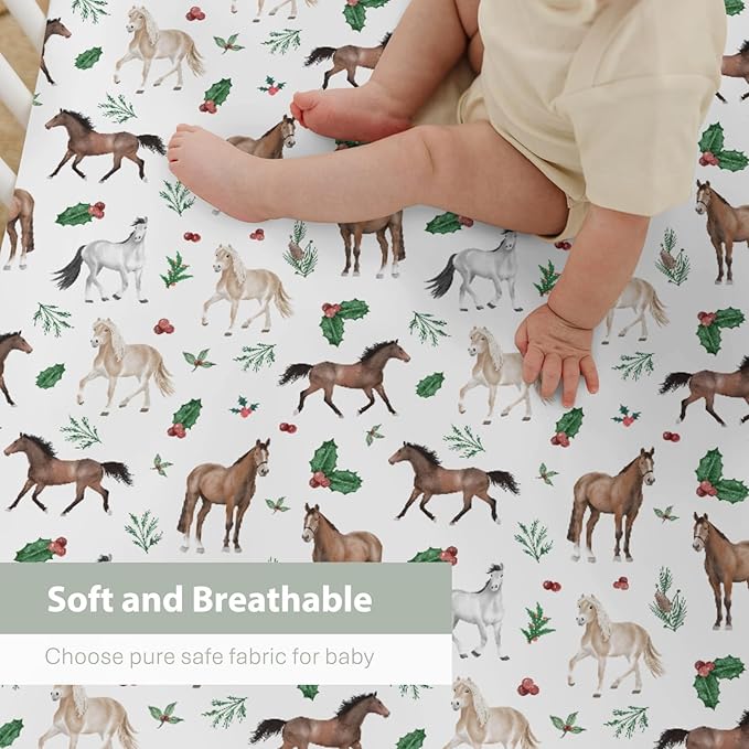 Christmas Horses Baby Crib Sheets for Boy Girl 52"x28" Holiday Animals Cherry Fir Leaves Soft Snug Fitted Crib Mattress Cover Winter Farm Animal Baby Sheet for Standard Crib & Toddler Bed Mattress