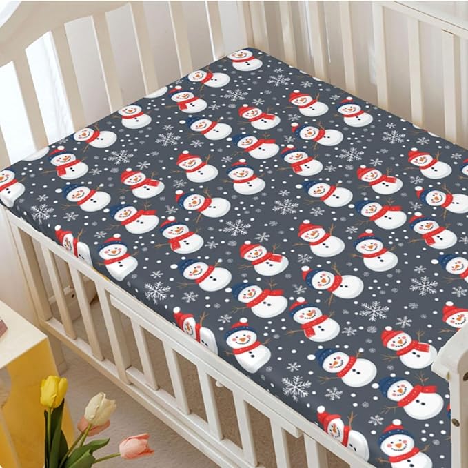Christmas Theme Fitted Crib Sheet,Winter Snow Snowman Snowflakes Pattern,Portable Mini Crib Sheets Soft and Stretchy Fitted Crib Sheet - Great for Boy or Girl Room or Nursery,24“ x38“,Multicolor