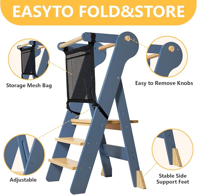 Foldable Toddler Tower, Kids Kitchen Step Stool, Height Adjustable Montessori Toddler Standing Tower with Safety Rail & Anti-Slip Design, Wooden Helper Stool for Ages 1–6 (Blue Gray)