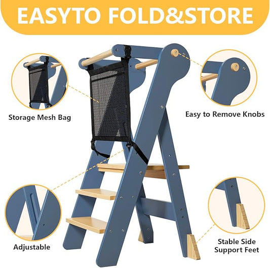 Foldable Toddler Tower, Kids Kitchen Step Stool, Height Adjustable Montessori Toddler Standing Tower with Safety Rail & Anti-Slip Design, Wooden Helper Stool for Ages 1–6 (Blue Gray)