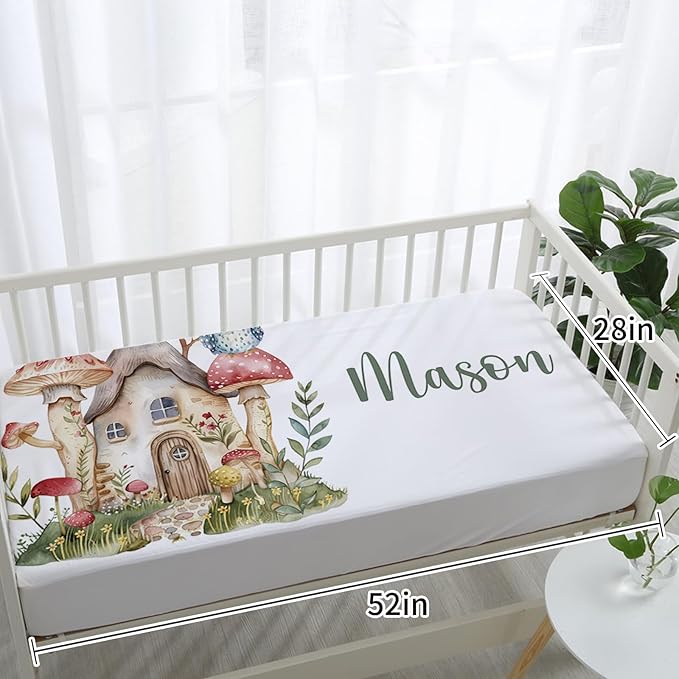 Custom Baby Crib Bedding Set, Personalized Name Mushroom House Design Crib Set 3 Pcs, Soft Double Layer Blanket, Crib Sheet & Room Rug, Ideal Nursery Decor Gift for Baby Girls Boys
