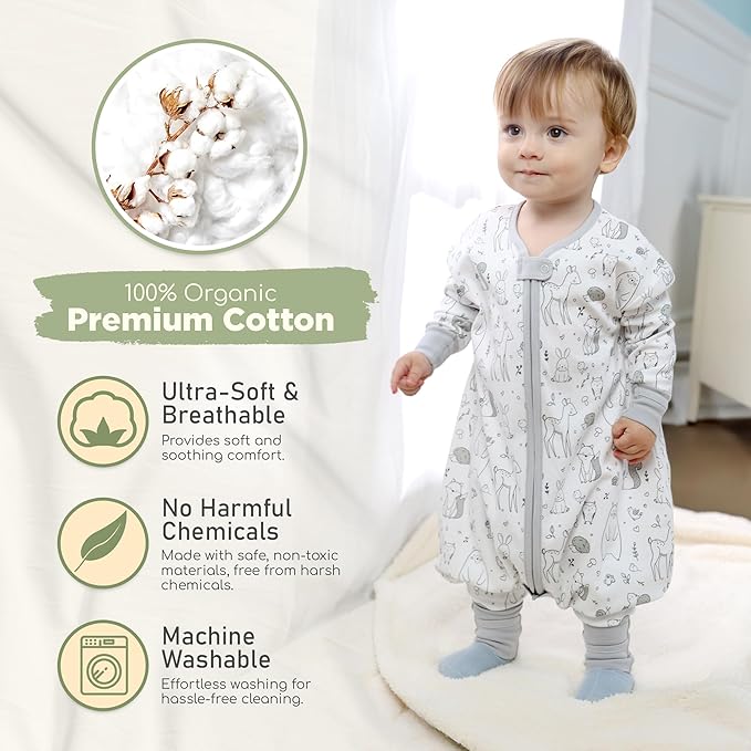Mama Cheetah Toddler Sleep Sack with Feet, Long Sleeve 0.5 TOG Organic Cotton Baby Sleeping Bag with Legs, Wearable Blanket for Walkers w/ 2-Way Zipper, Toddler Blanket for Girls & Boys 2T