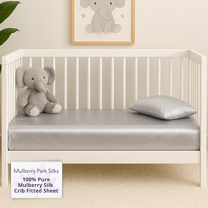 Mulberry Park Fitted Silk Crib Sheet - Grade 6A Pure 19 Momme Toddler Bedding - Gentle on Baby's Delicate Skin, Helps with Bald Spot, Eczema, Dry Skin & Cradle Cap - 28" x 52" / Sleepy Silver