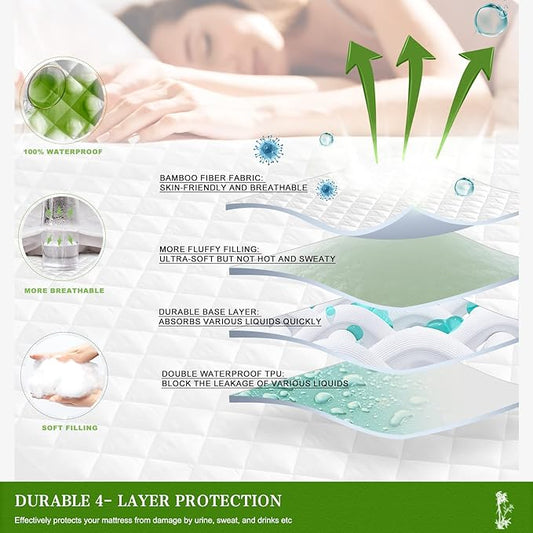 UNILIBRA California King Mattress Pad Waterproof Rayon Made from Bamboo, Fitted Deep Pocket Mattress Cover fits 6''-25'', Breathable Quilted Mattress Protector, White