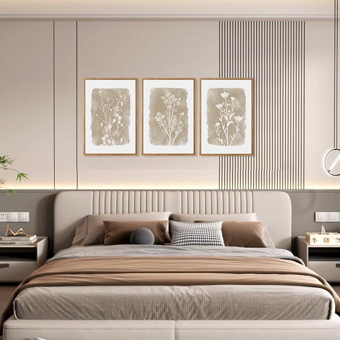 CHDITB Botanical Farmhouse Wall Art Set, Framed Boho Plant Wall Decor, Neutral Minimalist Floral Wall Painting, Rustic Wildflower Canvas Art Prints for Living Room, Bedroom, Bathroom - Large 16"x24"x3