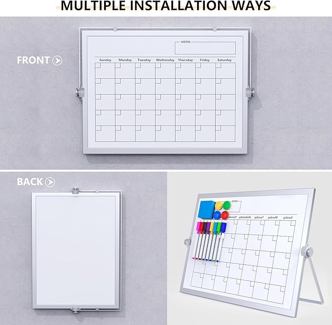 Laokiiy Dry Erase White Board, 16X12IN Magnetic Desktop Whiteboard Calendar with Stand, 8 Markers, 4 Magnets, 1 Eraser, Portable Double-Sided White Board Easel for Kids Memo to Do List Desk